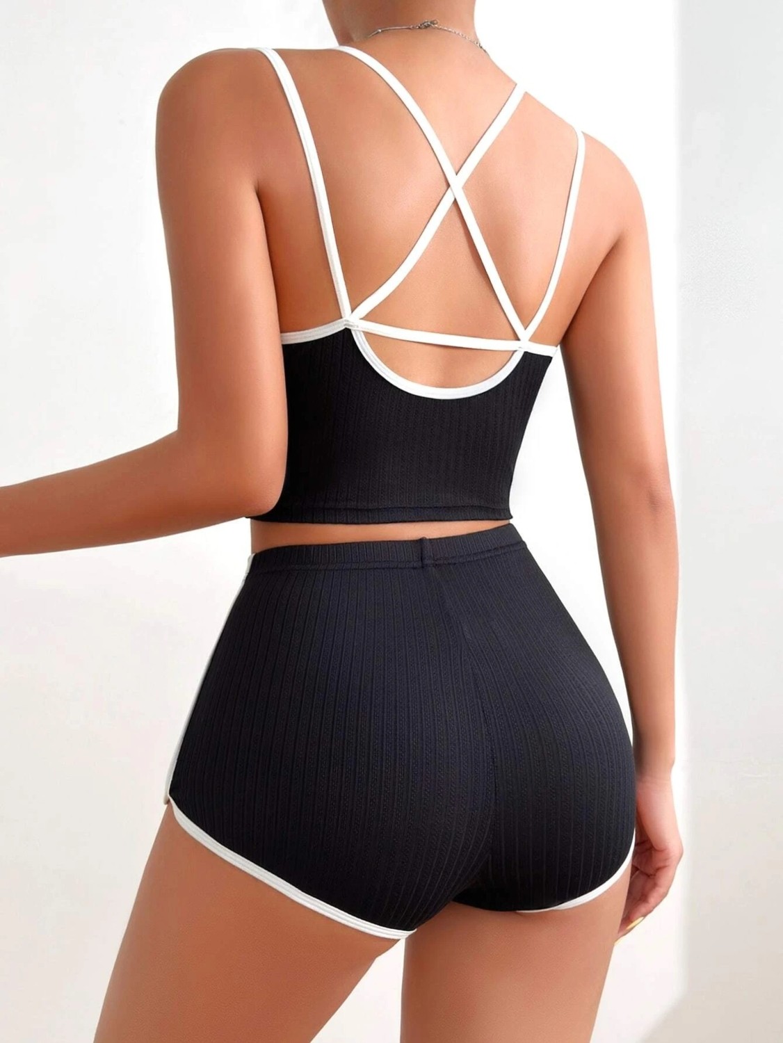 Fancy&Dancy Kadın Siyah Kaşkorse Kumaş Sırt Detaylı Büstiyerli Şort Takımı 70100