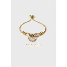 Jewel P. Model Asansörlü Pırlanta Kalpli Taş Gold Altın Kaplama Bileklik