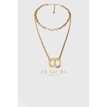 Jewel Çift Zincir B Model Gold Altın Kaplama Kolye