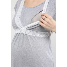 Luvmabelly MYRA9686 Önden Bölmeli Dantelli Hamile Geceliği -Gri