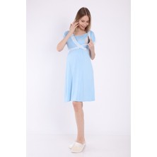 Luvmabelly MYRA9681 Önden Bölmeli Dantelli Hamile Geceliği -Mavi
