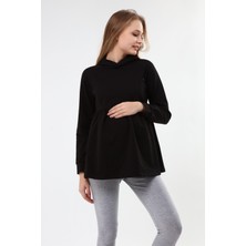 Luvmabelly Siyah Büzgülü Fermuarlı Emzirme Sweatshirt Kadın Uzun Kol Tasarım