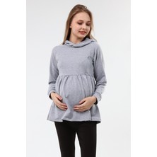 Luvmabelly Kadın Gri Büzgülü Fermuarlı Emzirme Sweatshirt Uzun Kol Ek Özellikli MYRA4530