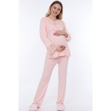 Luvmabelly MYRA9512 - Dantelli Düğmeli Flaplı Hamile Pijama Takımı - Pembe