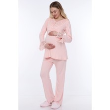 Luvmabelly MYRA9512 - Dantelli Düğmeli Flaplı Hamile Pijama Takımı - Pembe