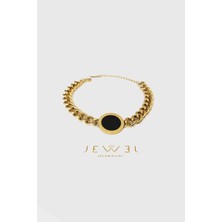 Jewel Roma Rakamlı Siyah Taşlı Gold Altın Kaplama Bileklik