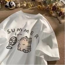 Touz Moda Summer Cat Baskılı Beyaz Unisex Oversize T-Shirt