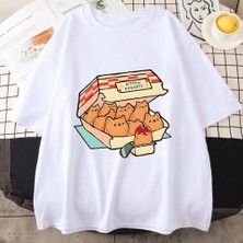 Touz Moda Kitten Nuggets Baskılı Beyaz Oversize T-Shirt