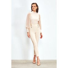 Sateen Dik Yaka Şifon Kol Detaylı Bluz - Bej