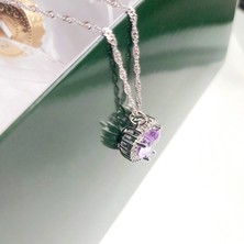 Devi Fashion Mor Renkli Zirkon ve Radyon Taşlı Kalpli Gümüş Rengi Kolye