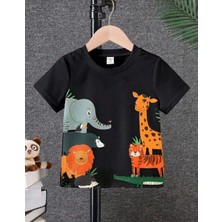 Kids Face Özel Tasarım Bisiklet Yaka Tropikal Hayvanlar Baskılı %100 Pamuk Modern Erkek Çocuk T-Shırt