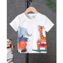Kids Face Özel Tasarım Bisiklet Yaka Tropikal Hayvanlar Baskılı %100 Pamuk Modern Erkek Çocuk T-Shırt