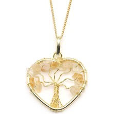 Alibaba Doğaltaş Tel Sarmalı Sitrin Doğal Taş Hayat Ağacı Kalp Model Kolye