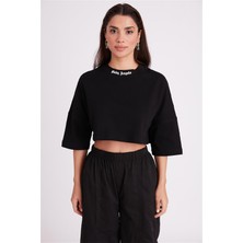 Msendam Kadın Oversize Fit Bisiklet Yaka  Baby Angels Taşlı Kısa Kollu Crop Tişört-Siyah