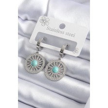 E-Bijuteri Çelik Gümüş Renk Mavi Taşlı Işleme Detay Güneş Model Kadın Küpe