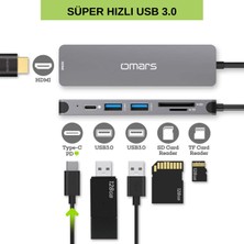 Omars 6 Port Type-C USB 3.1 Pd 4K HDMI Video Transferi Sd/tf Kart Uyumlu Hub Dönüştürücü Adaptör