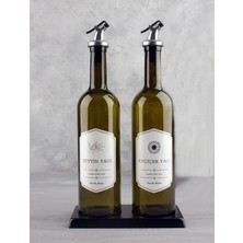 Ekinci Home Ekincihome Metal Standlı Amber 2'li 750 ml Zeytinyağı Sıvıyağ Şişesi - Ahşap Altlıklı Etiketli Cam Yağlık Seti Emirhome