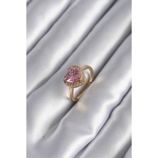 Callerrons Accessories  Pirinç Gold Renk Pembe Zirkon Taş Kalp Model Kadın Yüzük