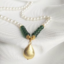 Devi Fashion Altın Kaplama Damla Uçlu Yeşil Taşlı Incili Kolye