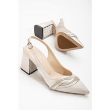 Dilimler Ayakkabı Saten Baretli Taşlı Bej Büyük Numara Kadın Ayakkabı Topuklu Abiye