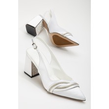 Dilimler Ayakkabı Saten Baretli Taşlı Beyaz Büyük Numara Kadın Ayakkabı Topuklu Abiye