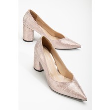 Dilimler Ayakkabı Simetrik Kesim Parlak Pudra Kalın Topuk Stiletto