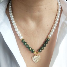 Devi Fashion Altın Renkli Kalp Uçlu Yeşil Taşlı Incili Kolye