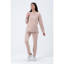 Busa Hamile Kadın Emzirme Detaylı Üç İplik Eşofman Takımı Bej Rahat Kullanım İçin