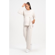 Busa Hamile Emzirme Detaylı Yüksek Bel Bol Paça Triko Takım Krem