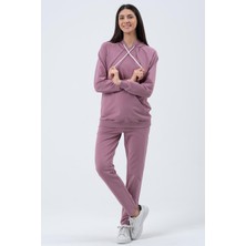 Busa Hamile Emzirme Detaylı Esnek Karın Bantlı Beli Ayarlı Iki Iplik Eşofman Takım Gül Kurusu