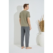 Bie's Erkek Haki Bisiklet Yaka Kısa Kol Yuvarlak Yaka Cepli Yazlık Pamuklu Pijama Takımı