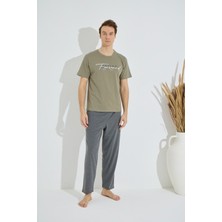 Bie's Erkek Haki Bisiklet Yaka Kısa Kol Yuvarlak Yaka Cepli Yazlık Pamuklu Pijama Takımı