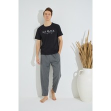 Bie's Erkek Siyah Bisiklet Yaka Kısa Kol Yuvarlak Yaka Cepli Yazlık Pamuklu Pijama Takımı