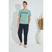 Bie's Erkek Yeşil Bisiklet Yaka Kısa Kol Yuvarlak Yaka Cepli Yazlık Pamuklu Pijama Takımı