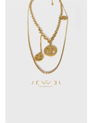 Jewel Çift Zincir Emoji Gold Altın Kaplama Kolye