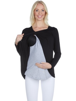 LuvmaBelly 3510 Siyah Pamuklu Viskon Lohusa Uzun Kollu Emzirme Bluz