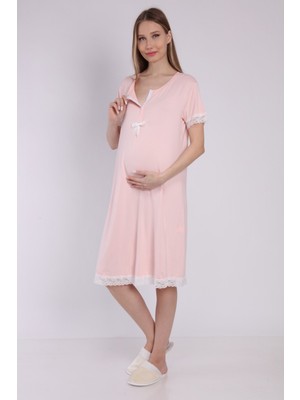 Luvmabelly MYRA9592 Önden Çıt Çıtlı Dantelli Hamile Geceliği -Pembe