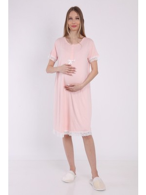 Luvmabelly MYRA9592 Önden Çıt Çıtlı Dantelli Hamile Geceliği -Pembe