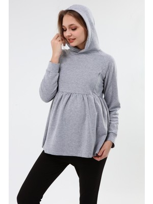 Luvmabelly MYRA4530 Büzgülü Fermuarlı Emzirme Sweatshirt -Gri