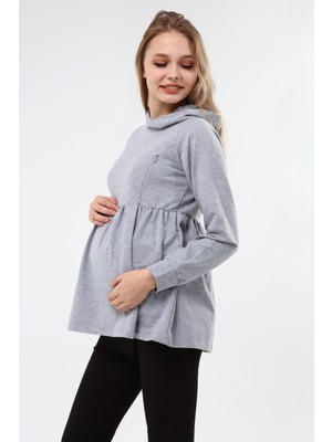 Luvmabelly MYRA4530 Büzgülü Fermuarlı Emzirme Sweatshirt -Gri