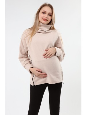 Luvmabelly MYRA4283 Fermuarlı Hamile Sweatshirt -Bej