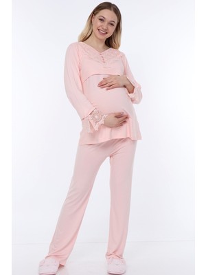 Luvmabelly MYRA9512 - Dantelli Düğmeli Flaplı Hamile Pijama Takımı - Pembe