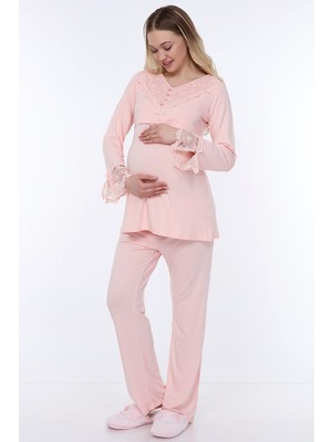 Luvmabelly MYRA9512 - Dantelli Düğmeli Flaplı Hamile Pijama Takımı - Pembe