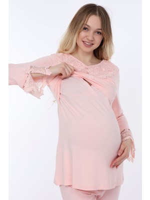 Luvmabelly MYRA9512 - Dantelli Düğmeli Flaplı Hamile Pijama Takımı - Pembe