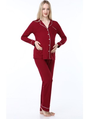 Luvmabelly MYRA9553 Düğmeli Biyeli Hamile Pijama Takımı -Bordo