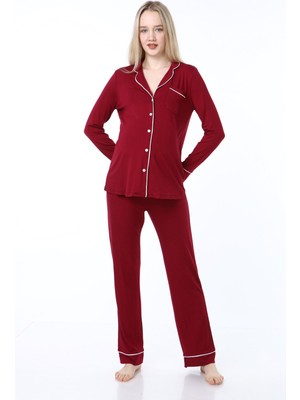 Luvmabelly MYRA9553 Düğmeli Biyeli Hamile Pijama Takımı -Bordo