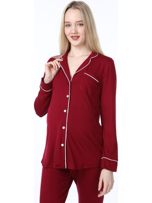 Luvmabelly MYRA9553 Düğmeli Biyeli Hamile Pijama Takımı -Bordo