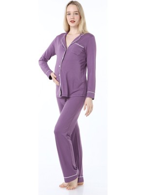 Luvmabelly MYRA9552 Düğmeli Biyeli Hamile Pijama Takımı -Mor