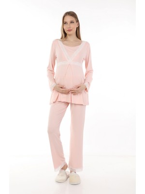 Luvmabelly MYRA9700 Peluş Sabahlıklı Hamile Pijama Takımı -Pembe