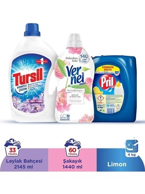 Tursil Leylak Bahçesi 33 Yıkama Jel Deterjan  + Pril Limon 4 kg Bulaşık Deterjanı